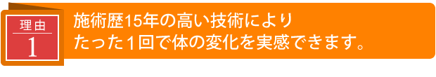 施術歴15年の高い技術によりたった1回で体の変化を実感できます。